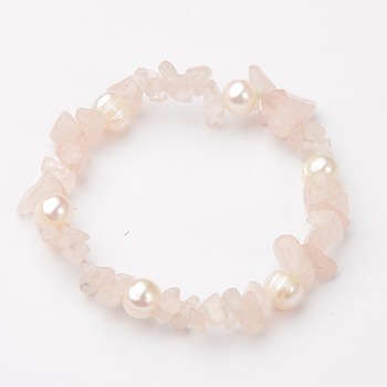 Gemstone Chip Stretch Bracelets, with Grade B Potato Freshwater Pearl Beads, Rose Quartz, 55mm