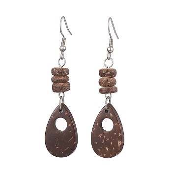 Teardrop Natural Coconut Dangle Earrings for Women, with 304 Stainless Steel Earring Hooks, Coconut Brown, 64.5x15mm
