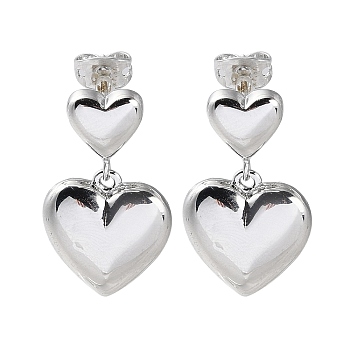 Rack Plating Brass Heart Dangle Stud Earring, Long-Lasting Plated, Lead Free & Cadmium Free, Platinum, 25.5x15mm