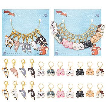 2 Sets 2 Style Cat Alloy Enamel Charm Locking Stitch Marker, Crochet Leverback Hoop & Lobster Clasp Charm, Mixed Color, 34~40.5mm, 1 set/style