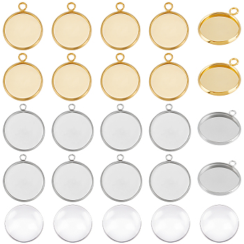40Pcs 2 Colors 304 Stainless Steel Pendant Cabochon Settings, Plain Edge Bezel Cups, Flat Round, with 40Pcs Transparent Glass Cabochons, Golden & Stainless Steel Color, Tray: 16mm, 20.5~22x17.5~18x2mm, Hole: 1.8~2.5mm, 20pcs/color