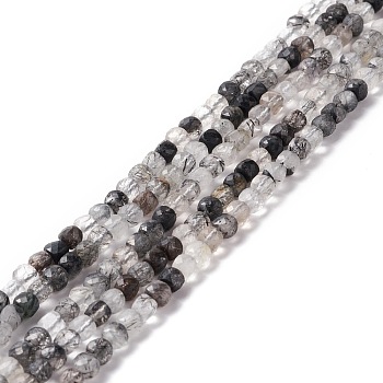 Natural Black Rutilated Quartz Beads Strands, Faceted, Cube, 4x4x4mm, Hole: 0.8mm, about 108pcs/strand,  15.28~15.51 inch(38.8~39.4cm)
