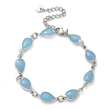 Heart Faceted Glass Link Chain Bracelets, Brass Jewelry for Women, Deep Sky Blue, Platinum, 7-7/8 inch(20cm)