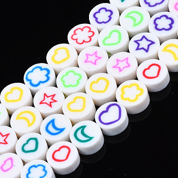 Handmade Polymer Clay Bead Strands, Flat Round with Flower & Moon & Star & Heart, Mixed Color, 9~9.5x4~4.5mm, Hole: 1.6mm, about 40pcs/strand, 14.80 inch~15.16 inch(37.6~38.5cm)