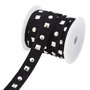 PandaHall Elite 9M Polyester Ribbon, with Silver Tone Flat Round & Square Brass Rivets, with 1Pc Plastic Empty Spools, Black, 3/4 inch(20mm)