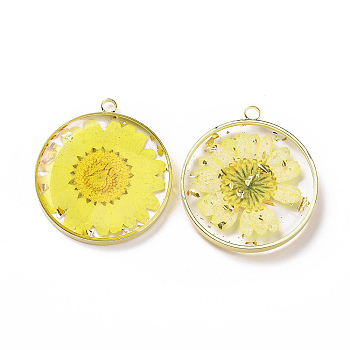 Transparent Clear Epoxy Resin Pendants, with Edge Golden Plated Brass Loops and Gold Foil, Flat Round Charms with Inner Flower, Yellow, 33.8x30x4mm, Hole: 2.5mm