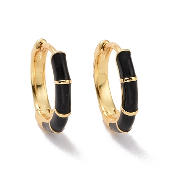 Black Enamel Bamboo Shape Hoop Earrings, Rack Plating Brass Jewelry for Women, Cadmium Free & Lead Free, Real 18K Gold Plated, 16x2.5mm, Pin: 1mm