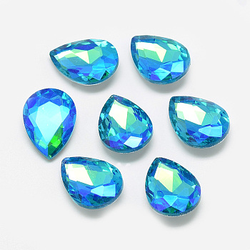 Pointed Back Glass Rhinestone Cabochons, Back Plated, Faceted, AB Color Plated, teardrop, Deep Sky Blue, 14x10x5mm
