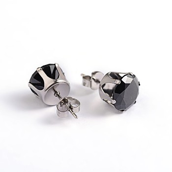 Round Cubic Zirconia Stud Earrings, with 304 Stainless Steel Pins, Black, 4mm, Pin: 0.9mm