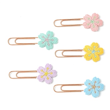 Polyester Embroidered Flower Bookmarks, Rose Golden Iron Paper Clips, Mixed Color, 58x25x3.5mm