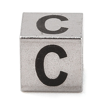 Tarnish Resistant 201 Stainless Steel European Beads, Large Hole Beads, Cube with English Letter, Stainless Steel Color, Letter C, 7x7x7mm, Hole: 5mm