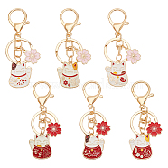 6Pcs 6 Style Chinese Style Alloy Enamel Keychains, with Iron Lobster Clasp and Rings, Cat with Flower, Mixed Color, 9.15cm, 1pc/style(KEYC-OC0001-35)