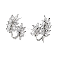 Rack Plating Leaf Brass Stud Earrings, with Clear Cubic Zirconia, Cadmium Free & Lead Free, Long-Lasting Plated, Platinum, 19x15.5mm(EJEW-N055-30P-RS)