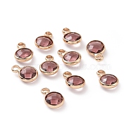 Glass Flat Round Charm, with Golden Plated Brass Findings, Faceted, Pink, 9x6x3mm, Hole: 2mm(KK-L091-10)
