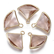 Transparent Glass Pendants, with Light Gold Plated Brass Findings, Faceted, Fan, Rosy Brown, 16~17x19x6mm, Hole: 2mm(GLAA-N038-12C)