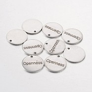 Stainless Steel Pendants, Flat Round with Word Openness, Stainless Steel Color, 15x1mm, Hole: 1.3mm(STAS-O078-C20)