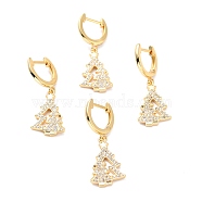 Brass Micro Pave Clear Cubic Zirconia Huggie Hoop Earrings for Christmas, Lead Free & Cadmium Free & Nickel Low, Christmas Tree, Golden, 33mm, Pin: 0.8mm(ZIRC-I053-03G)