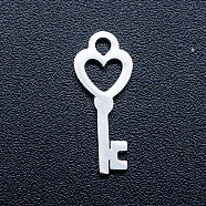 201 Stainless Steel Pendants, Key Charms, Stainless Steel Color, 15x6x1mm, Hole: 1.6mm(STAS-T046-JA351)