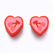 Handmade Polymer Clay Beads, Heart with Cherry, Red, 9~9.5x9~9.5x4~4.5mm, Hole: 1.5mm(CLAY-N011-78)