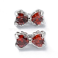 Brass Pave Cubic Zirconia Multi-Strand Links, 3-Hole, Bowknot, Platinum, Orange Red, 7x12x7mm, Hole: 1.2mm(FIND-Z029-12G)