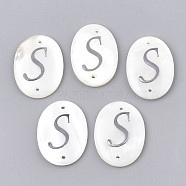 Freshwater Shell Links connectors, with Brass Findings, Oval with Letter, Letter.S, 25.5x19x3mm, Hole: 1.2mm(SHEL-S274-23S-P)