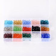 1Box 15 Color Round Glass Beads, Faceted, Mixed Color, 6mm, Hole: 1mm, about 50pcs/color/compartment, about 750pcs/box(GLAA-X0011-01)