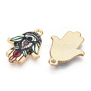 Printed Light Gold Tone Alloy Pendants, Hamsa Hand with Eye Charms, Colorful, 23x18x2mm, Hole: 1.4mm(ENAM-N056-206E)