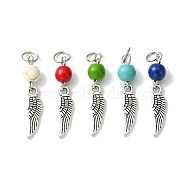 Synthetic Turquoise Dyed Pendants, Antique Silver Plated Alloy Charms, Mixed Color, Wing, 28.5mm, Pendant: 18x5x1mm, Hole: 4.5mm(PALLOY-JF02308-03)