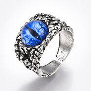 Alloy Glass Cuff Finger Rings, Wide Band Rings, Dragon Eye, Antique Silver, Blue, Size 10, 20mm(RJEW-T006-01A)