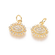 Brass Micro Pave Clear Cubic Zirconia Charms, with Jump Rings, Long-Lasting Plated, Evil Eye, Golden, 12x12x2mm, Hole: 3mm(ZIRC-L093-20G)