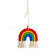 Handmade Macrame Weaving Rainbow Tassel Pendant Decorations, with Wood Bead for Car Home Window Decoration, Colorful, 85x90mm(MAKN-PW0001-080A)