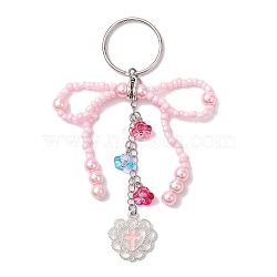 Glass Seed Bead Keychain, with Iron Split Key Ring and Alloy Enamel Pendants, Pearl Pink, 10.2cm(KEYC-MZ00001-02)