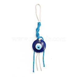 Flat Round with Evil Eye Resin Pendant Decorations, Cotton Cord Braided Tassel Hanging Ornament, Prussian Blue, 197mm(EVIL-PW0002-12D-04)