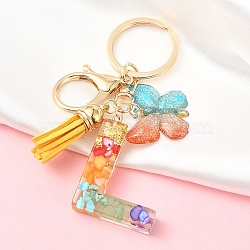 Resin Keychain, with Faux Suede Tassel Pendant & Alloy Clasps & Iron Rings, Letter L, 10cm(KEYC-YW00120-12)