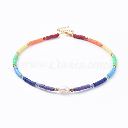 Handmade Polymer Clay Heishi Beads Necklaces, with Glass Beads, Freshwater Pearl Beads and 304 Stainless Steel Twisted Chains, Golden, 15 inch(38.3cm), 4mm(NJEW-JN02527)