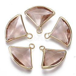 Transparent Glass Pendants, with Light Gold Plated Brass Findings, Faceted, Fan, Rosy Brown, 16~17x19x6mm, Hole: 2mm(GLAA-N038-12C)