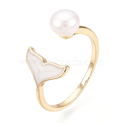 Natural Pearl Open Cuff  Ring with Msilver-Lipped Pearl Oyster, Brass Finger Rings, Fishtail, Real 18K Gold Plated, US Size 8 1/4(18.3mm)(PEAR-N022-C10)