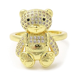 Bear Cubic Zirconia Open Cuff Rings, Rack Plating Brass Rings for Women, Golden, Inner Diameter: 16.4mm(RJEW-K247-02G)