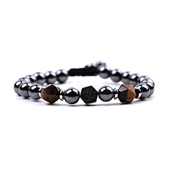 Synthetic Hematite & Natural Tiger Eye Braided Bead Bracelets, Yoga Theme Stainless Steel Adjustable Bracelet, 7-1/8~10-1/4 inch(18~26cm)(PW-WG63607-03)