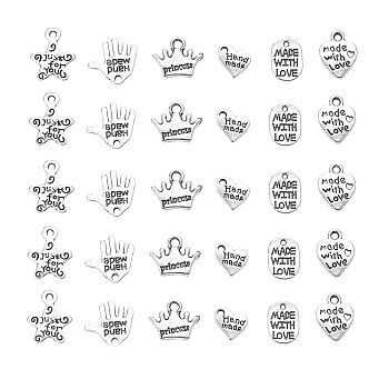 60Pcs 6 Style Tibetan Style Alloy Pendants, Cadmium Free & Lead Free,  Heart with Word Made with Love, For Valentine's Day, Antique Silver, 10pcs/Style