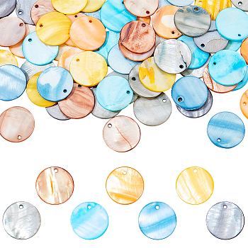 AHADERMAKER 70pcs 7 colors Dyed Natural Flat Round Shell Pendants, Mixed Color, 25x2mm, Hole: 2mm, 10pcs/color