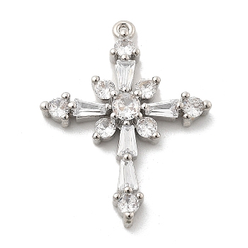 Brass Micro Pave Clear Cubic Zirconia Pendants, Cross, Rack Plating, Long-Lasting Plated, Lead Free & Cadmium Free, Platinum, 23.5x18.5x3.5mm, Hole: 0.8mm