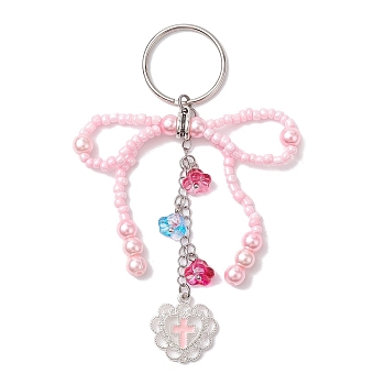 Glass Seed Bead Keychain, with Iron Split Key Ring and Alloy Enamel Pendants, Pearl Pink, 10.2cm