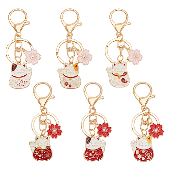 6Pcs 6 Style Chinese Style Alloy Enamel Keychains, with Iron Lobster Clasp and Rings, Cat with Flower, Mixed Color, 9.15cm, 1pc/style