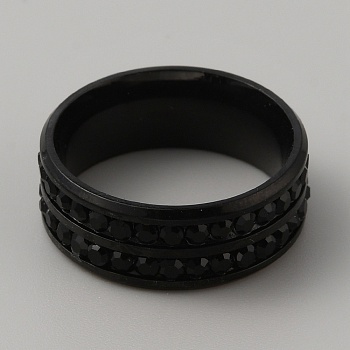 Rhinestone Finger Ring, 201 Stainless Steel Ring for Women, Electrophoresis Black, Inner Diameter: 18mm