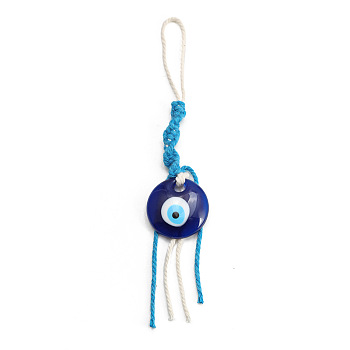Flat Round with Evil Eye Resin Pendant Decorations, Cotton Cord Braided Tassel Hanging Ornament, Prussian Blue, 197mm