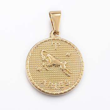 Real 18K Gold Plated 304 Stainless Steel Pendants, Flat Round with Twelve Constellation/Zodiac Sign, Aries, 29x25x3.2mm, Hole: 9x4.5mm