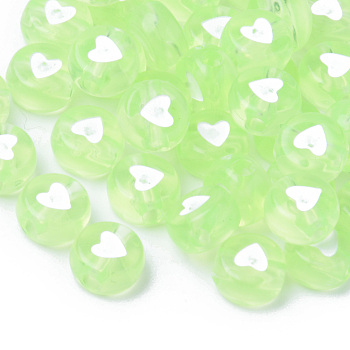 Transparent Acrylic Beads, Flat Round with White Heart, Light Green, 7x3.5mm, Hole: 1.8mm, about 3700pcs/500g