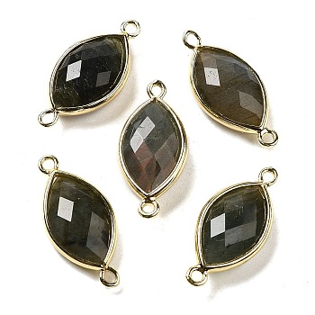 Natural Labradorite Faceted Connector Charms, Rack Plating Brass Horse Eye Links, Golden, 25x11.5x5.5mm, Hole: 1.6mm