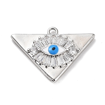 Rack Plating Brass Micro Pave Cubic Zirconia and Enamel Pendants, Triangle Charms, Long-Lasting Plated, Cadmium Free & Lead Free, Evil Eye, Platinum, 16x21.5x3mm, Hole: 1.4mm